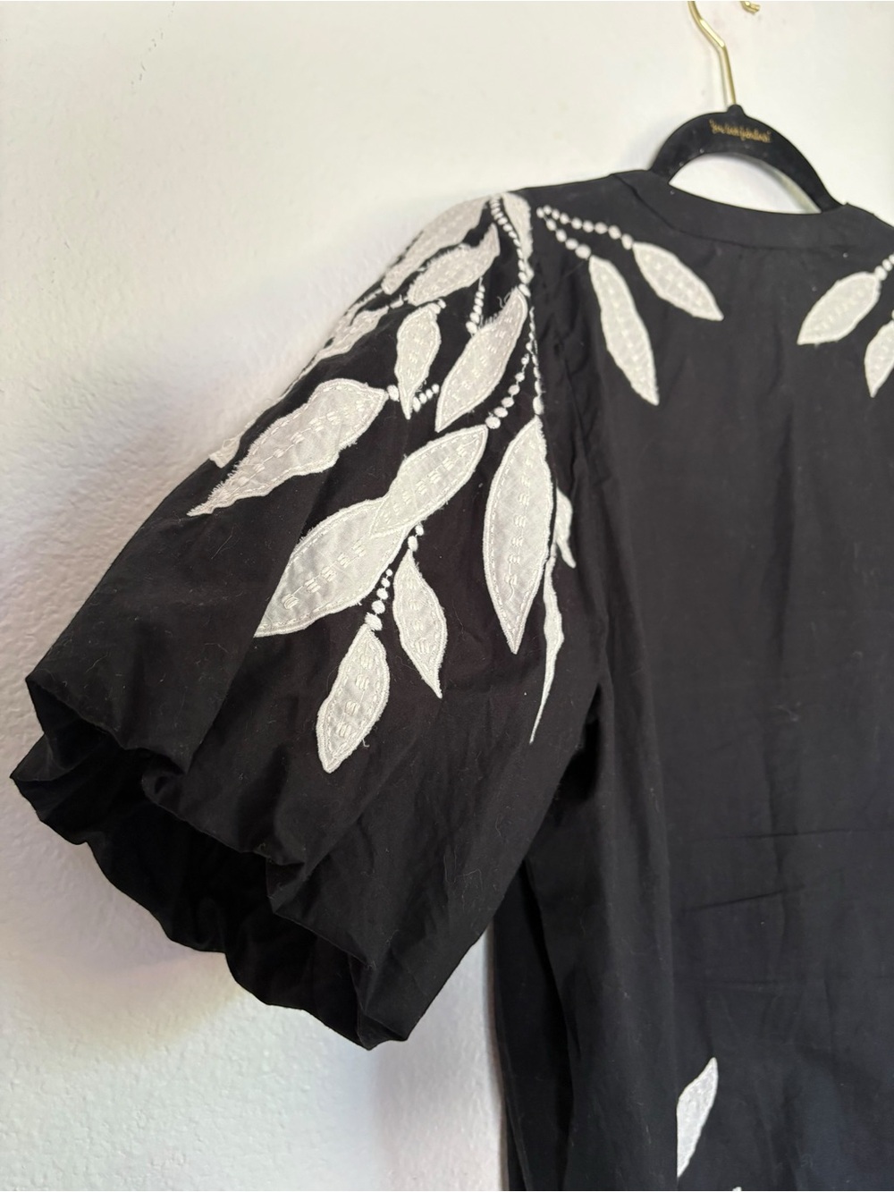 Anthropologie Black Blouse with White Leaf Embroidery - Picture 3 of 12